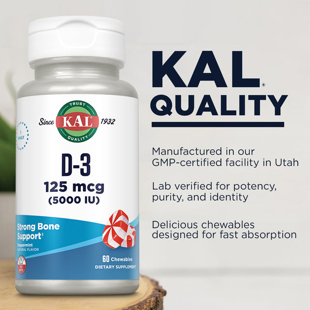 KAL Ultra D3, Chewable, Peppermint (Btl-Plastic) 5000IU 60Ct