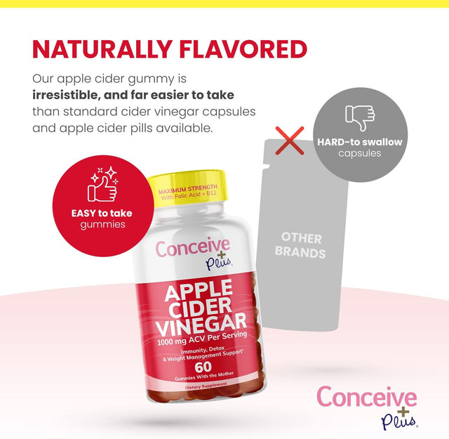 CONCEIVE plus Apple Cider Vinegar Gummies - Potent ACV Gummies with the Mother - Delicious Apple Vinegar Gummy for Immunity, Digestive Health, Energy Boost - Vegan, Non-Gmo, Gluten-Free - 60 Count