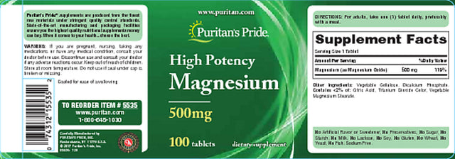 Puritan'S Pride Magnesium Tablets, 500Mg, 100 Ct