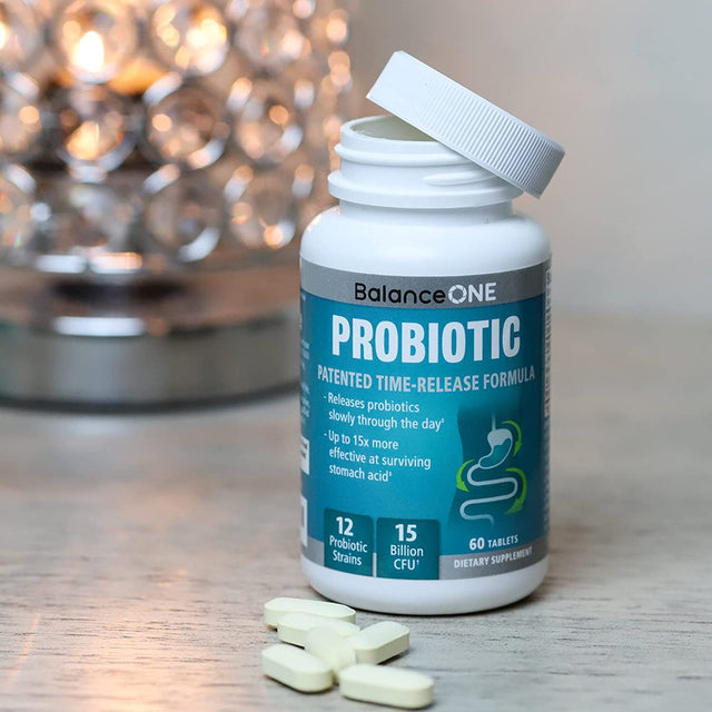 Balance ONE Probiotic, Daily Probiotics for Women & Men, Shelf Stable, 15 Billion Cfus with Prebiotics, 12 Probiotic Strains, Lactobacillus Plantarum Acidophilus & Paracasei, 60 Time-Release Tablets