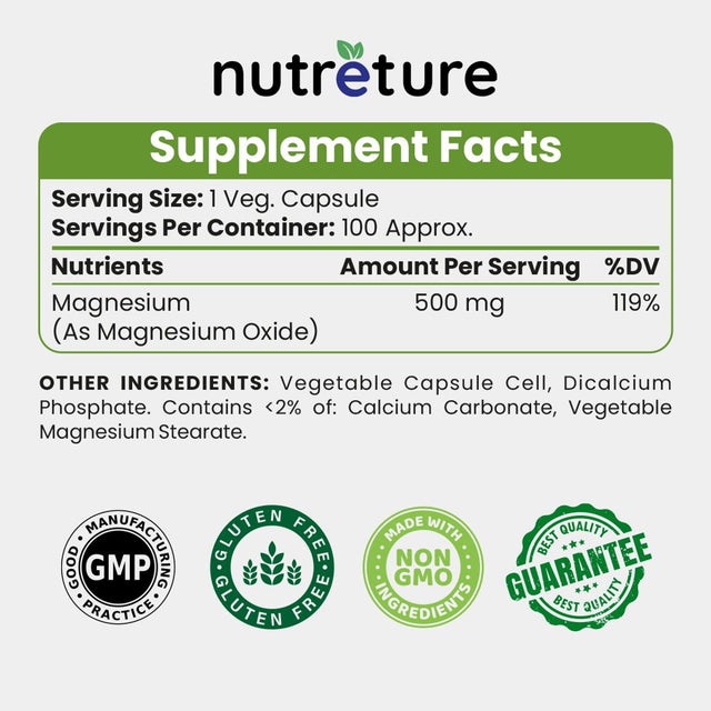 Nutreture Calm Magnesium Supplement 500Mg 100 Capsules | Magnesium Oxide | High Absorption Magnesium | Magnesio | Magnecio