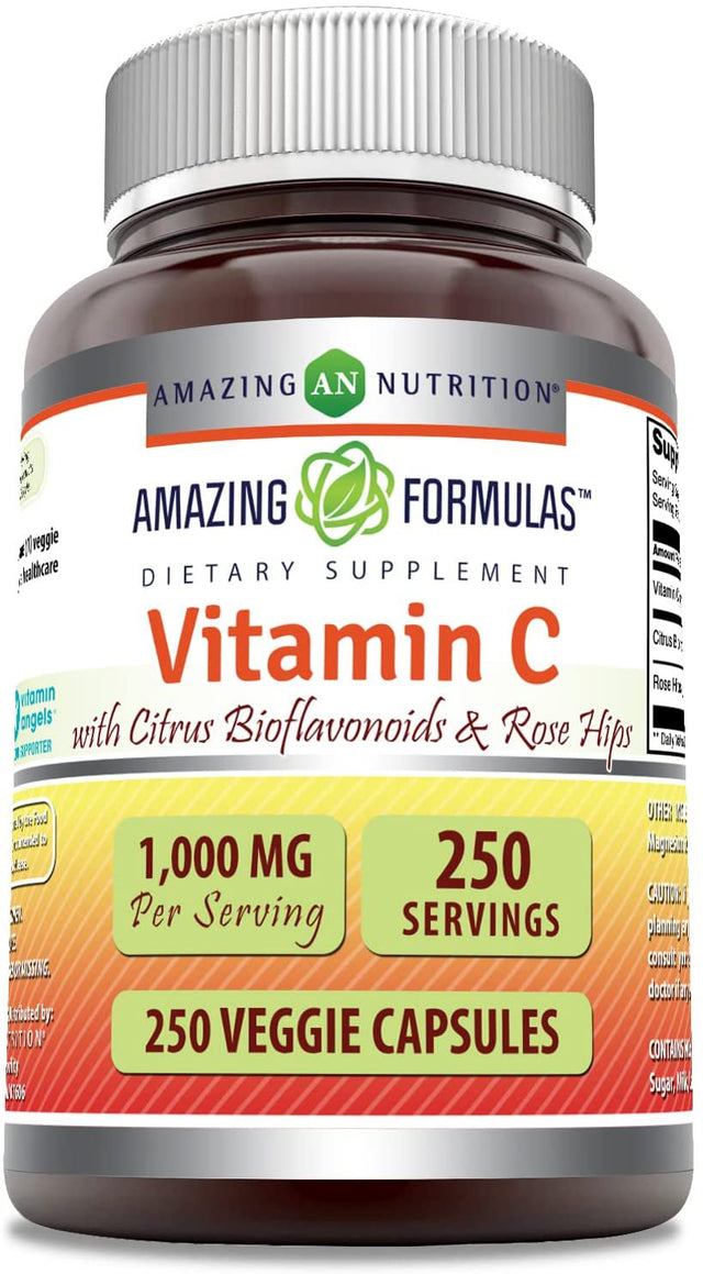 Amazing Formulas Vitamin C (Ascorbic Acid) - 1000Mg with Rose Hips & Citrus Bioflavonoids 250 Veggie Capsules - Non-Gmo, Gluten Free