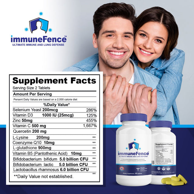 Immunefence 12-In-1 Extensive Immune and Lung Function Booster Supplement, Powerful Patented Blend of Selenium, L-Glutathione, L-Lysine, Quercetin, Vitamin C and Zinc, 60 Count