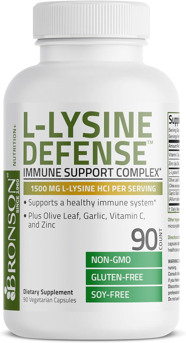 Bronson L-Lysine Defense Immune Support Complex 1500 MG L-Lysine plus Olive Leaf, Garlic, Vitamin C and Zinc - Non-Gmo, 90 Vegetarian Capsules