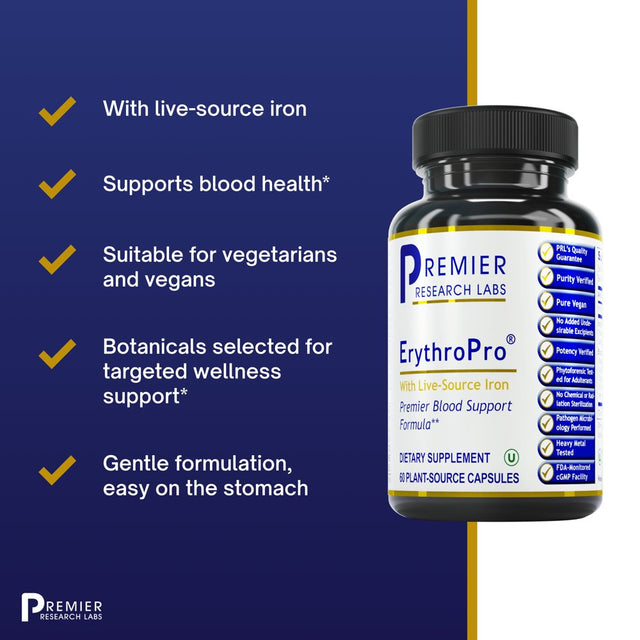 Premier Research Labs Erythropro with Live-Source Iron - Features Pumpkin Seed, Organic Oat, Beet, Chlorella, Rice Bran, Tomato & Bilberry - Blood Support Formula - 60 Plant-Sourced Capsules