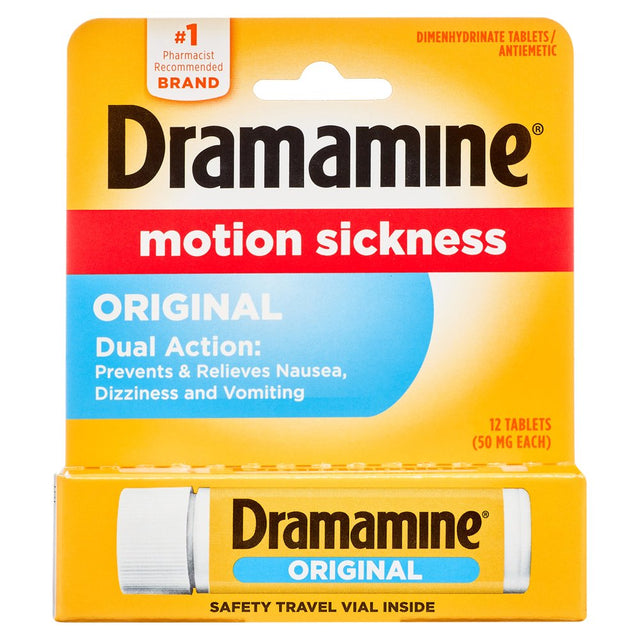 Dramamine Original, Motion Sickness Relief, Travel Vial, 12 Count