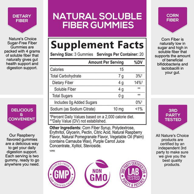 Sugar Free Fiber Gummies for Adults, Daily Prebiotic Fiber Supplement & Digestive Health Support - Supports Regularity & Digestive Health, Nature'S Plant Based, Non-Gmo, Berry Flavor - 60 Gummies