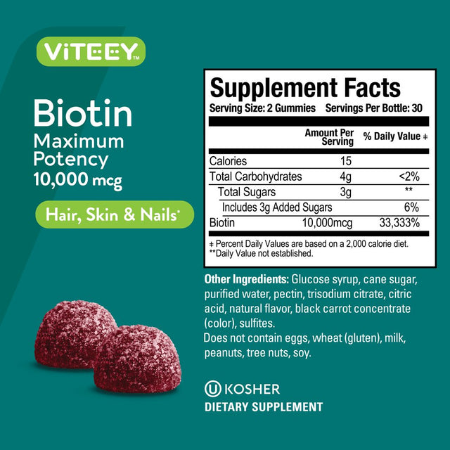 VITEEY Biotin Gummies 10,000 Mcg, Supports Hair, Skin, & Nails, Raspberry Flavor, 60 Count (Pack of 1)