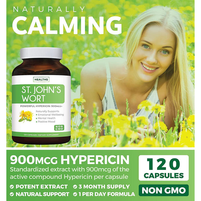 Healths Harmony St. John'S Wort 500Mg 120 Capsules (Non-Gmo) Powerful 900Mcg Hypericin Saint Johns Wort Extract for Mood, Tincture & Mental Health - No Oil or Pills - Supplement