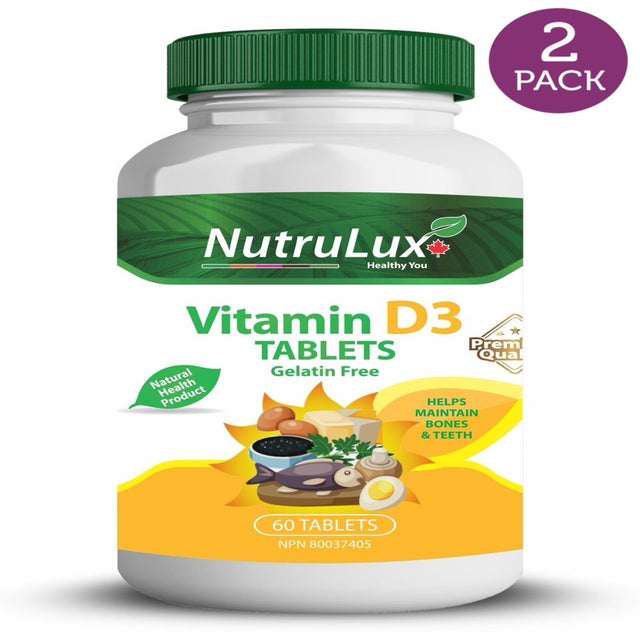 Nutrulux Vitamin D3 (25 Mg) Halal Vegan Gelatin-Free Tablets - Bone Health Support Supplement - Immune Boosting - Daily Intake - Halal Certified - Gelatin-Free Pills 120 Tablets (Pack of 2)