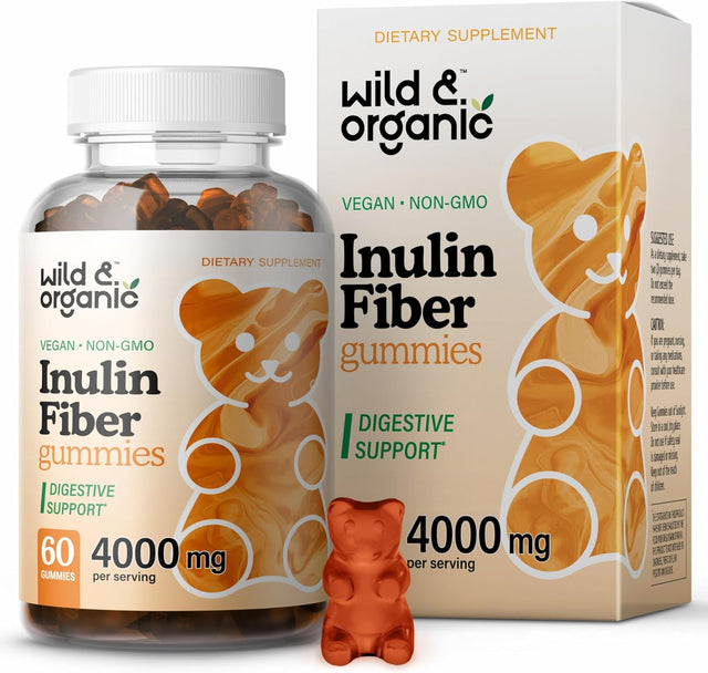 Wild & Organic Inulin Fiber Gummies - Inulin Fiber Supplement Gummies for Digestion Health - Prebiotic Fiber Gummies for Adults from Organic Chicory Root - Vegan, 4000Mg, 60 Chews