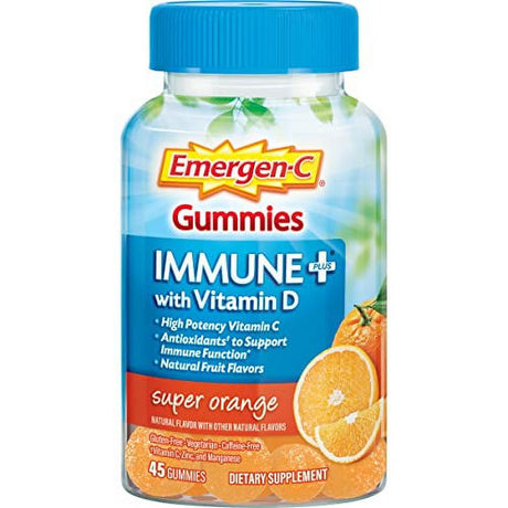 Emergen-C Immune+ Immune Gummies, Vitamin D plus 750 Mg Vitamin C, Immune Support Dietary Supplement, Caffeine Free, Gluten Free, Super Orange Flavor - 45 Count