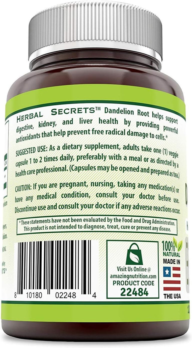 Herbal Secrets Dandelion Root 520 Mg 120 Veggie Capsules (Non-Gmo) - Improve Gastrointestinal Health, Reduces Throat Inflammation, (Pack of 3)