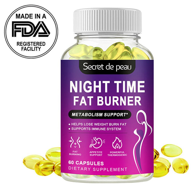 Secret De Peau Night Time Fat Burner Supplement, Appetite Suppressant, Metabolism Booster 60 Capsules