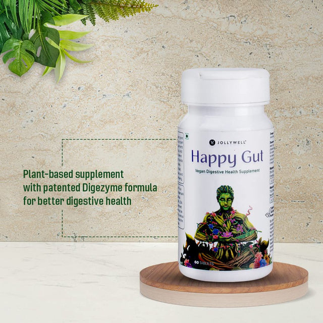 Jollywell Happy Gut Vegan Digestive Health Supplement with Patented Digezyme Multi-Enzyme Complex I 60 Chewable Tablets (2 Month Course) I for Men and Women