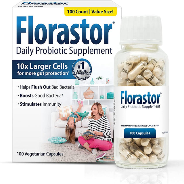 Florastor Daily Probiotic Supplement for Women and Men, Proven to Support Digestive Health, Saccharomyces Boulardii CNCM I-745 (100 Capsules)