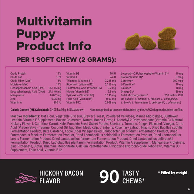 Pet Honesty Puppy, Multivitamin Supplement for Puppies W DHA and Probiotics, Hickory Bacon Flavor, 90 Count Soft Chews