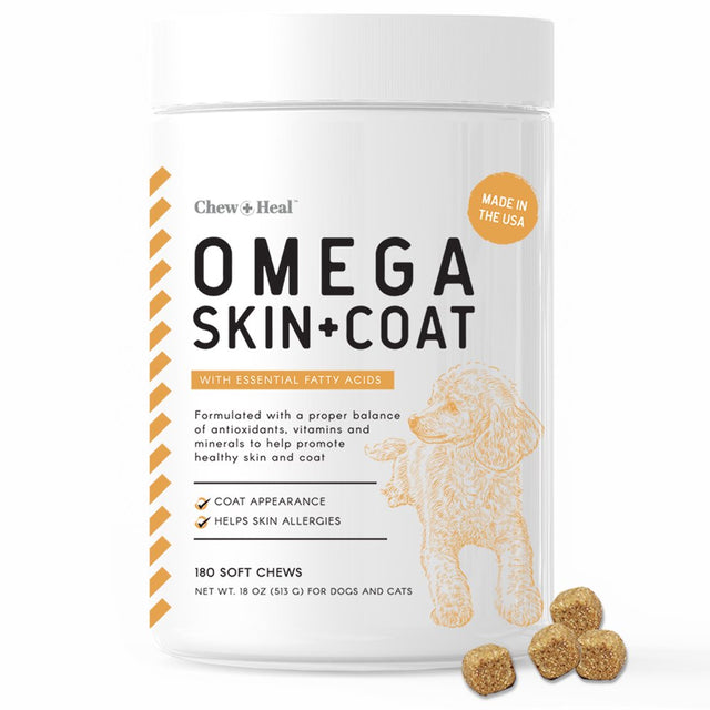 Chew + Heal Omega Skin and Coat Supplement - 180 Soft Chews - Salmon Fish Oil for Dogs and Cats