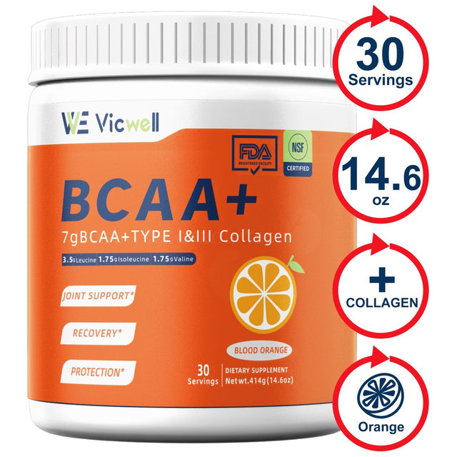 Sports BCAA Powder for Endurance & Muscle Recovery + Collagen & Vitamin C for Joint Health, 14.6 Oz 7G 30 Servings, Orange, Vicwell