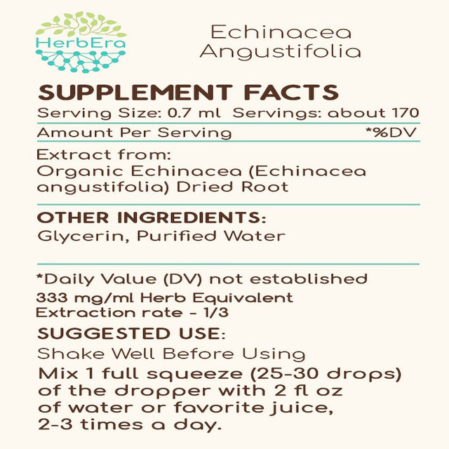 Echinacea Angustifolia Alcohol-Free Herbal Extract Tincture, Super-Concentrated Responsibly Farmed Organic Echinacea (Echinacea Angustifolia) Dried Root 4 Oz