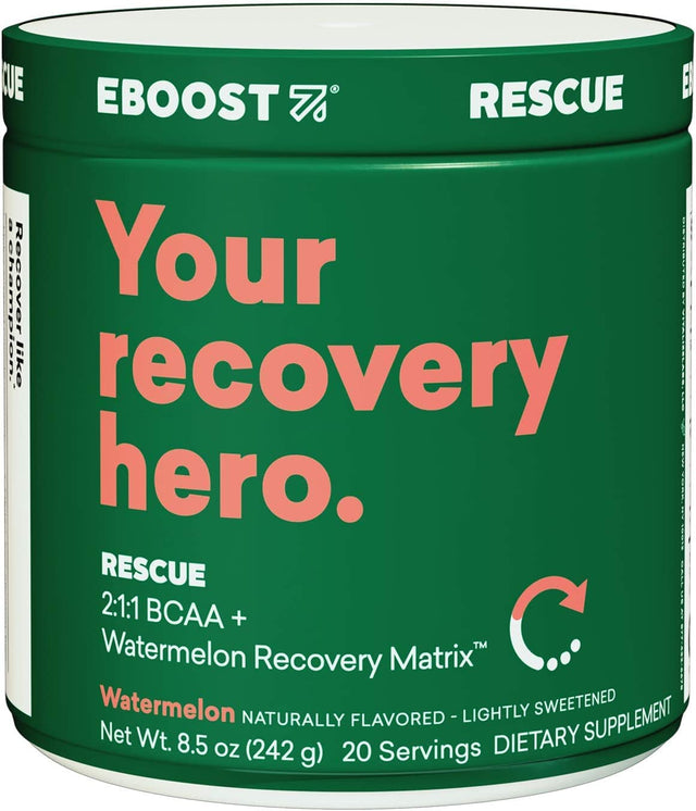 EBOOST Rescue Natural Vegan BCAA Recovery Powder Supplement - 20 Servings - Naturally Flavored Watermelon - 2:1:1 Ratio Amino Acids for Muscle Recovery - Pre and Post Workout for Men & Women