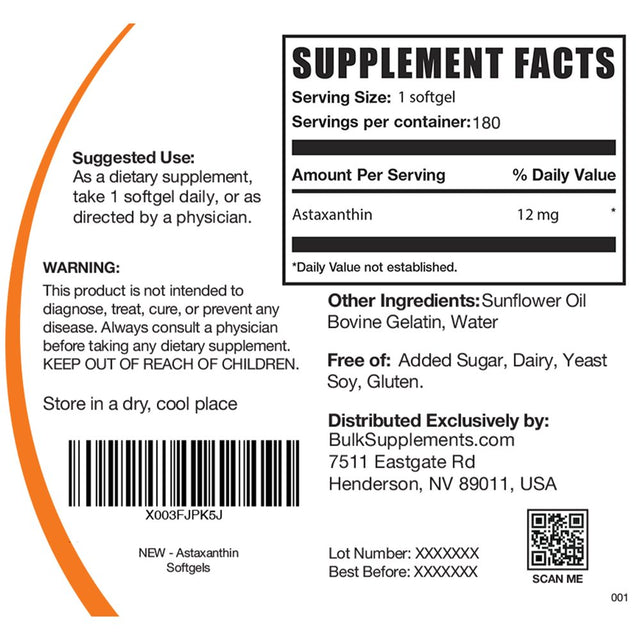 Bulksupplements.Com Astaxanthin Softgels, 12Mg - Antioxidant Supplement (180 Softgels - 180 Servings)