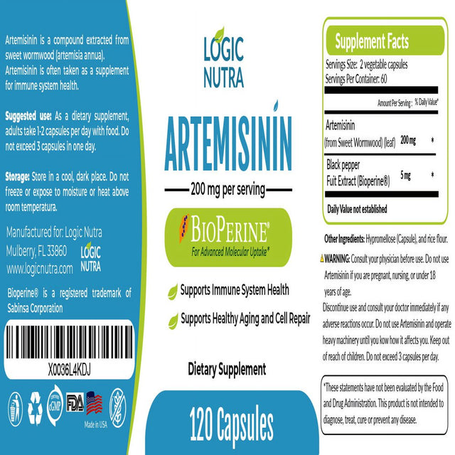 Logic Nutra Artemisinin with Bioperine for Enhanced Absorption, 200 Mg per Serving (2 Capsules), 120 Vegan Capsules plus 5 Mg Bioperine, Sweet Wormwood Extract, Vegan and Non-Gmo