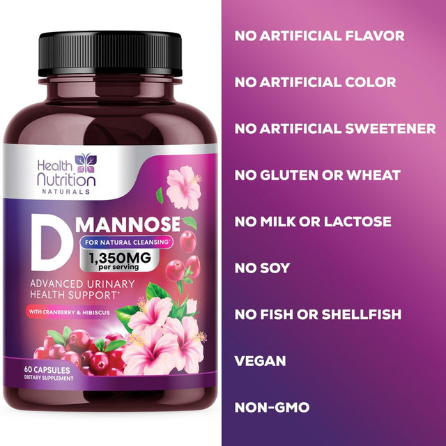 D-Mannose & Cranberry Extract 1350Mg, Fast-Acting to Support Natural Urinary Tract Health for Women & Men, Non-Gmo & Vegan, Flush Impurities in Urinary Tract & Bladder - 60 Capsules