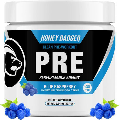 Honey Badger Pre Workout Powder, Keto Vegan Preworkout for Men & Women with Vitamin C for Immune Support, Beta Alanine & Caffeine, Sugar Free Natural Energy Supplement, Blue Raspberry, 30 Servings