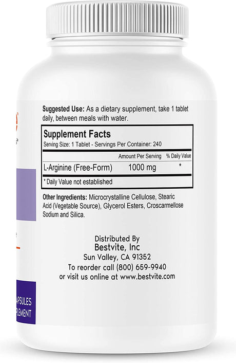 BESTVITE L-Arginine 1000Mg (480 Tablets) (240 X 2) Containing 20% More Pure L-Arginine as Compared to L-Arginine HCL Products