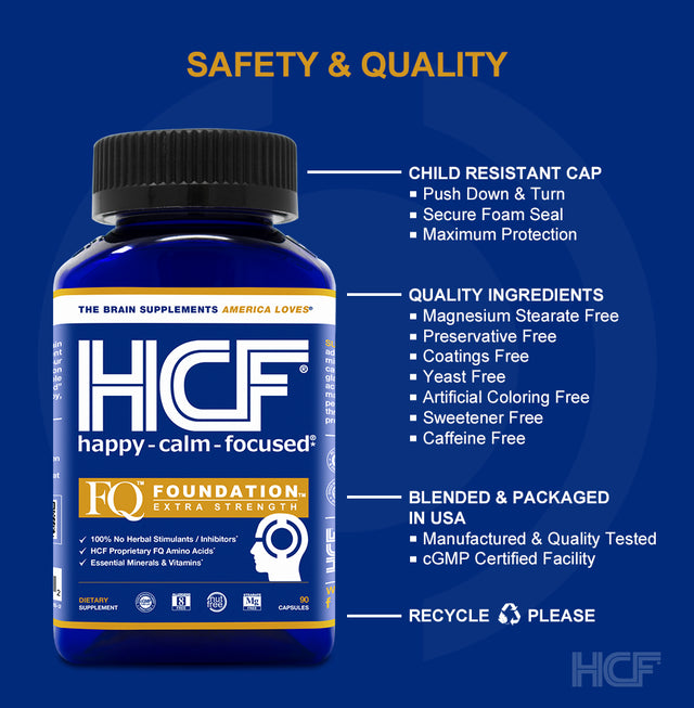 HCF Happy, Calm & Focused - Brain Focus, Attention, Concentration & Mood Supplement (90 Count) - FQ Foundation Amino Acids, Vitamins & Minerals - 100% No Herbal Stimulants - Non-Gmo Project Verified