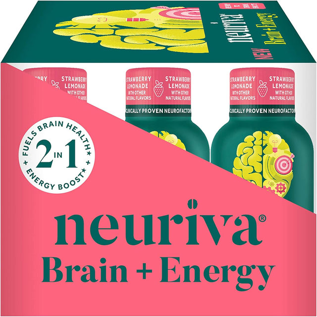 NEURIVA Brain + Energy Shots, Nootropic Brain Supplement for Focus & Concentration with Neurofactor, Vitamin B12 & 150Mg Caffeine for an Energy Boost - (12 Count), Strawberry Lemonade