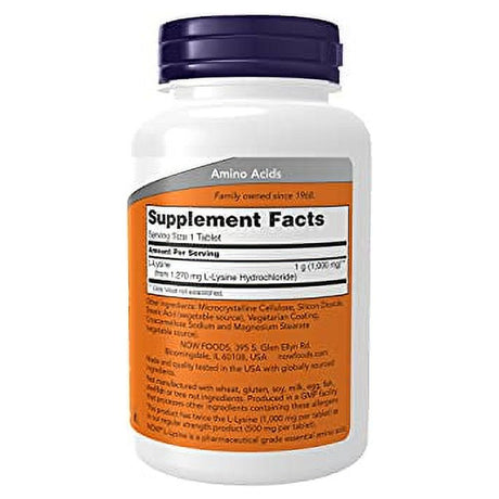 NOW Supplements, L-Lysine (L-Lysine Hydrochloride) 1,000 Mg, Double Strength, Amino Acid, 100 Tablets