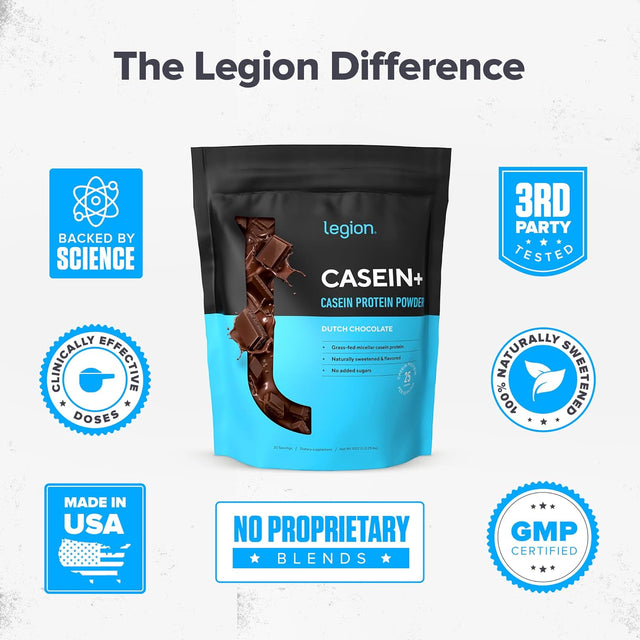 LEGION Casein+ Chocolate Pure Micellar Casein Protein Powder - Non-Gmo Grass Fed Cow Milk, Natural Flavors & Stevia, Low Carb, Keto Friendly - Best Pre Sleep (PM) Slow Release Muscle Recovery 2Lb