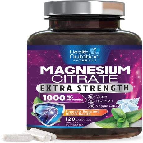 Magnesium Citrate Capsules 1000Mg - Max Absorption Magnesium Powder Capsules for Muscle, Nerve, Bone and Heart Health Support, High Absorption Citrate Complex, Gluten Free, Non-Gmo - 120 Capsules