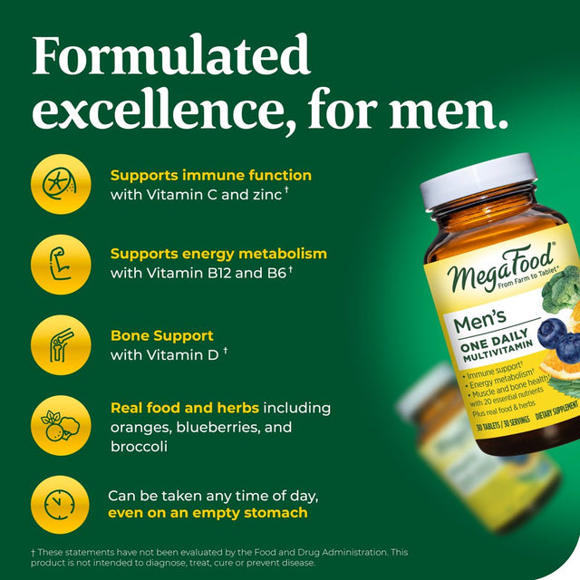 Megafood Men'S One Daily Multivitamin for Men - with Zinc, Selenium, Vitamin B12, Vitamin B6, Vitamin D & Real Food - Immune Support Supplement - Muscle & Bone Health - Vegetarian - 30 Tabs