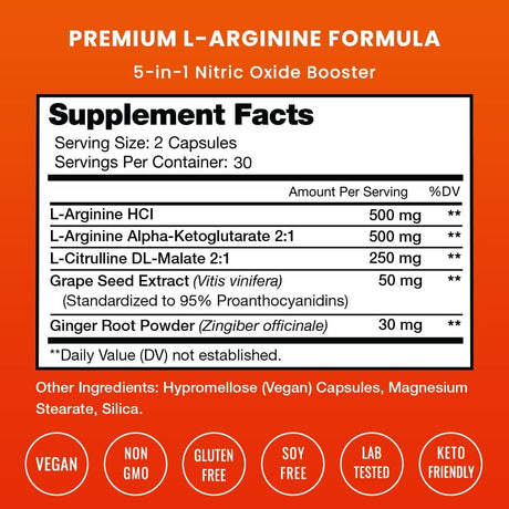 Premium L Arginine Supplement | 5-In-1 Nitric Oxide Supplement | L-Arginine Powder & L Citrulline Enhanced with Grape Seed & Ginger | Energy, Blood Flow, Heart Health & Stamina | 60 Vegan Capsules