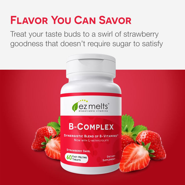 EZ Melts Sublingual Vitamin B Complex with Methylfolate for Stress and Mood Support, 9 Vital Vitamin B, 60 Tablets, Strawberry Flavored, Vegan Dietary Supplements, Dissolvable and Fast Melting