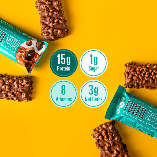 Vitamin and Protein Bars, Chocolate Salted Caramel, Snack Sized Bar with 15G Protein and 8 Vitamins Including Vitamin C, 12 Counts