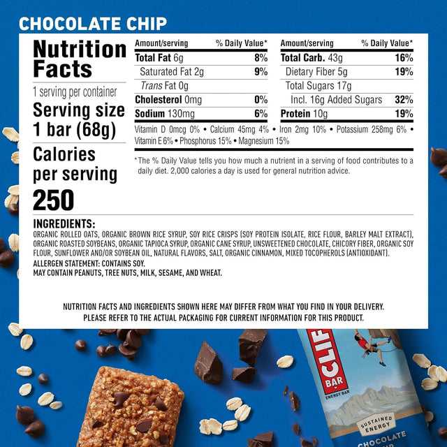 CLIF BAR - Chocolate Chip - Made with Organic Oats - 10G Protein - Non-Gmo - Plant Based - Energy Bars - 2.4 Oz. (18 Pack)