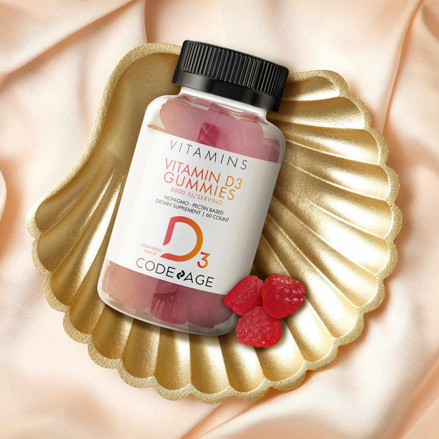 Codeage Vitamin D3 Gummies, Pectin-Based Chewable Vitamin D 5000 IU, Strawberry Flavor Vitamins Gummy, 60 Ct