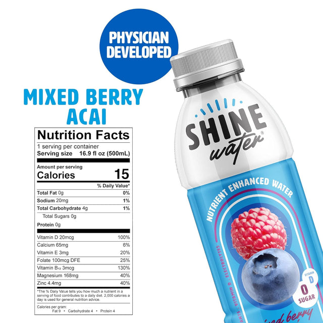 Shinewater Mixed Berry Acai - Pack of 12 (16.9 Fl Oz Each) - Naturally Flavored Electrolyte Water with Vitamin D, Powerful Hydration and Plant-Based Antioxidants, Zero Sugar, Low Calorie!