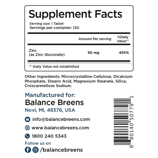 Balance Breens Zinc Extra Strength 50Mg 120 Vegan Non-Gmo Tablets, Zinc Gluconate Highly Nutritious Dietary Supplement for Immune Support, Healthy Skin & Hair, Boost Sleep and Energy Level (1)