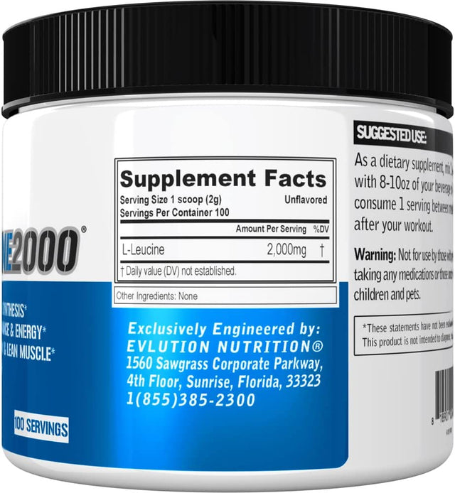 Evlution Nutrition L-Leucine2000, 2000Mg of Pure L-Leucine in Each Serving, Protein Synthesis, Recovery, Vegan, Gluten-Free, Unflavored Powder (100 Servings)