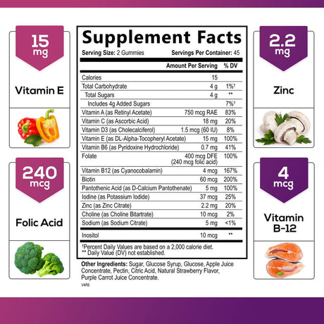 Multivitamin Gummies, Daily Adult Gummy Vitamin for Women & Men, Extra Strength Immune Health Support Supplement with Vitamins A, C, D, E, B-6, B-12, Zinc and More - Non-Gmo, Berry - 90 Gummies