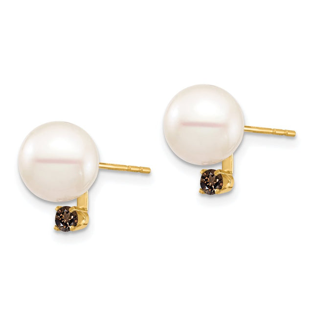 14K 8-8.5Mm White round Freshwater Cultured Pearl Smoky Quartz Post Earring XF754E/SQ