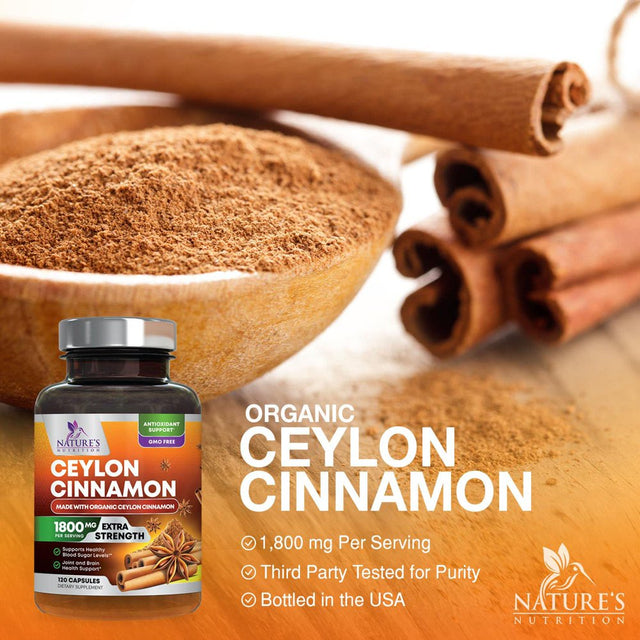 Pure Cinnamon Capsules, Certified Organic Ceylon Cinnamon Pills, Non-Gmo, Gluten-Free, Dairy-Free, Sri Lanka Cinnamon Powder Supplement, Best Vegan True Cinnamomum Vitamins, Sugar Free - 120 Capsules