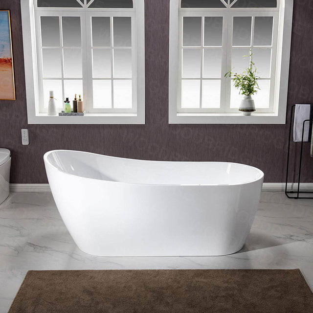 WOODBRIDGE 67"Freestanding White Acylic Soaking Bathtub with White Pillow,Drain and Overflow in Matte Black,Bta1508 -Mb-Drain &O+ Pillow