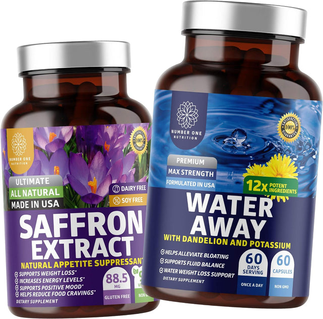 N1N Premium Water Away and Saffron Extract, All Natural Supplements to Support Energy Levels, Eye Health and Weight Management, 2 Pack Bundle