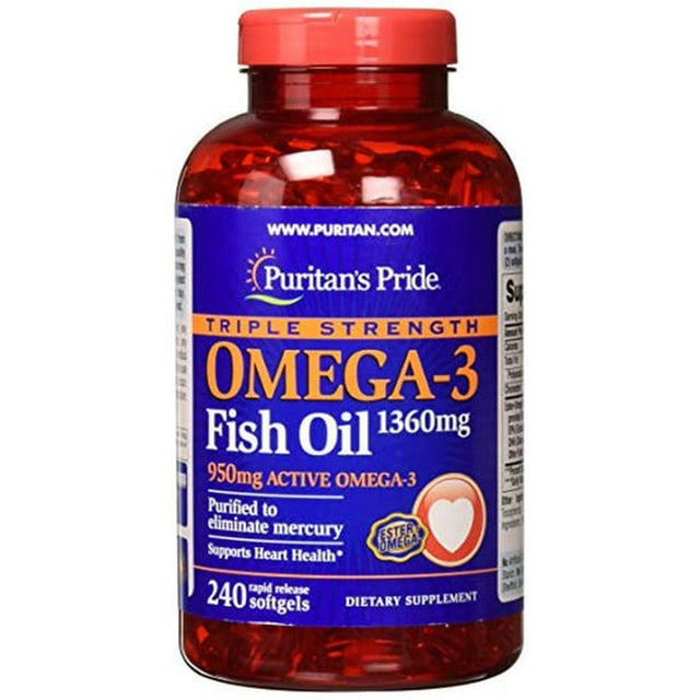 Puritans Pride Triple Strength Omega-3 Fish Oil 1360 Mg (950 Mg Active Omega-3), 240 Count